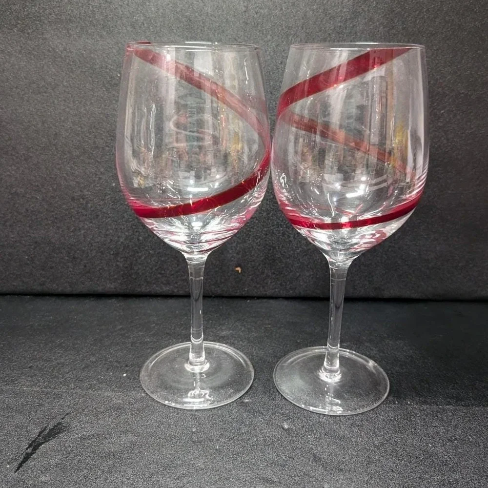 Pier 1 Red Swirline Wine Glasses, Set‎ Of 2, Vintage Clear Stemware, Replacement